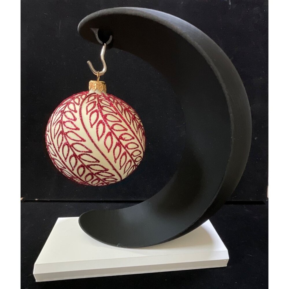 VTG Blown Glass Large Cream Red Glitter Leaf Design Christmas Ornament 5”